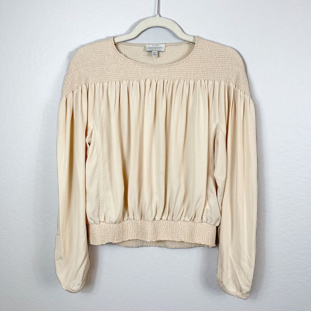 LUCKY BRAND Cream Boho Gathered Long Sleeve Cropped Blouse Size XS
